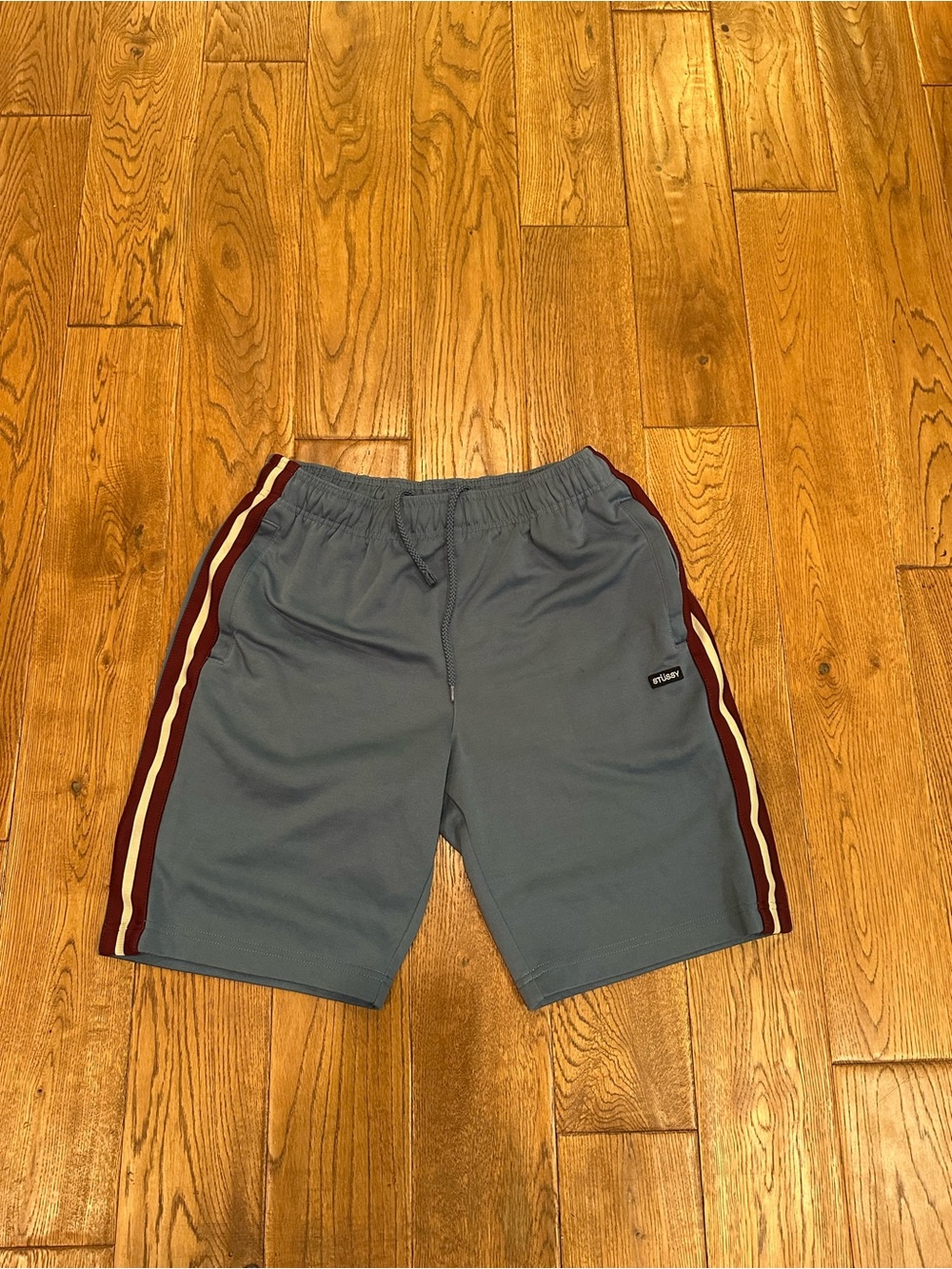 Stussy Gray Athletic Shorts with Burgundy & White Side Stripes